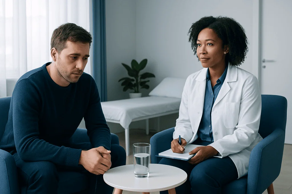 Patient consulting with a healthcare professional in a modern clinic.