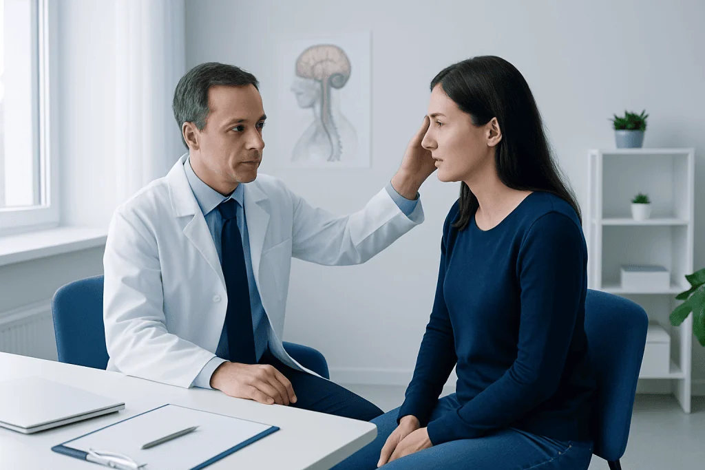 Doctor examining a woman's head during a neurological consultation at Acibadem Hospital.
