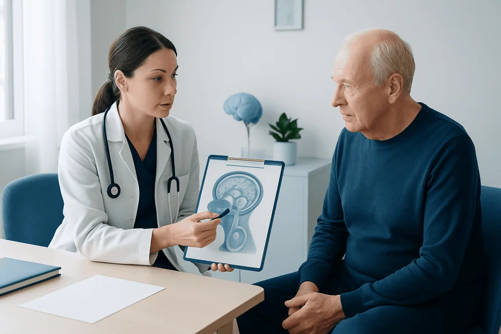 Doctor explaining deep brain stimulation to a patient with Parkinson's disease.