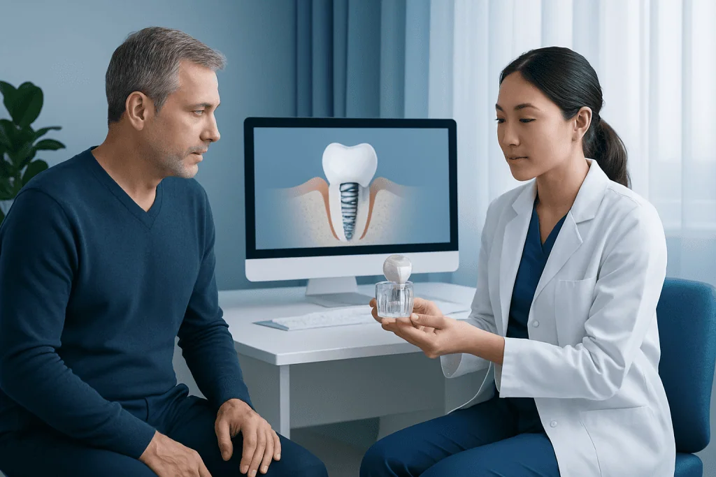 Dentist explains dental implant procedure to patient with digital model and X-ray image.