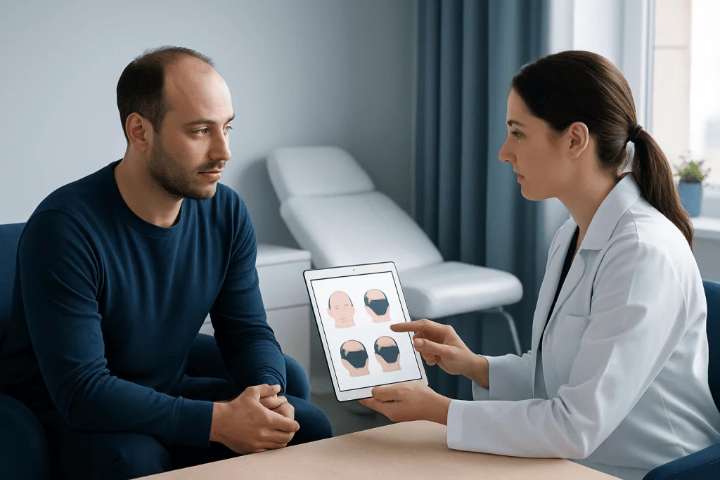 Doctor explaining hair transplant options to male patient in clinic.