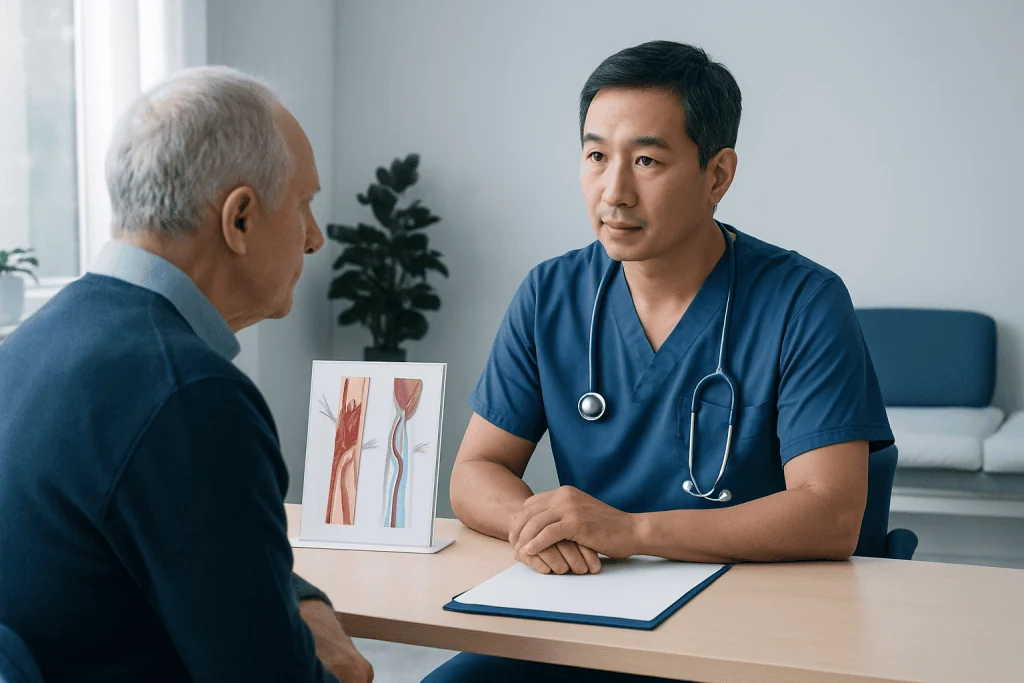 Doctor consulting with elderly patient about stroke treatment options.