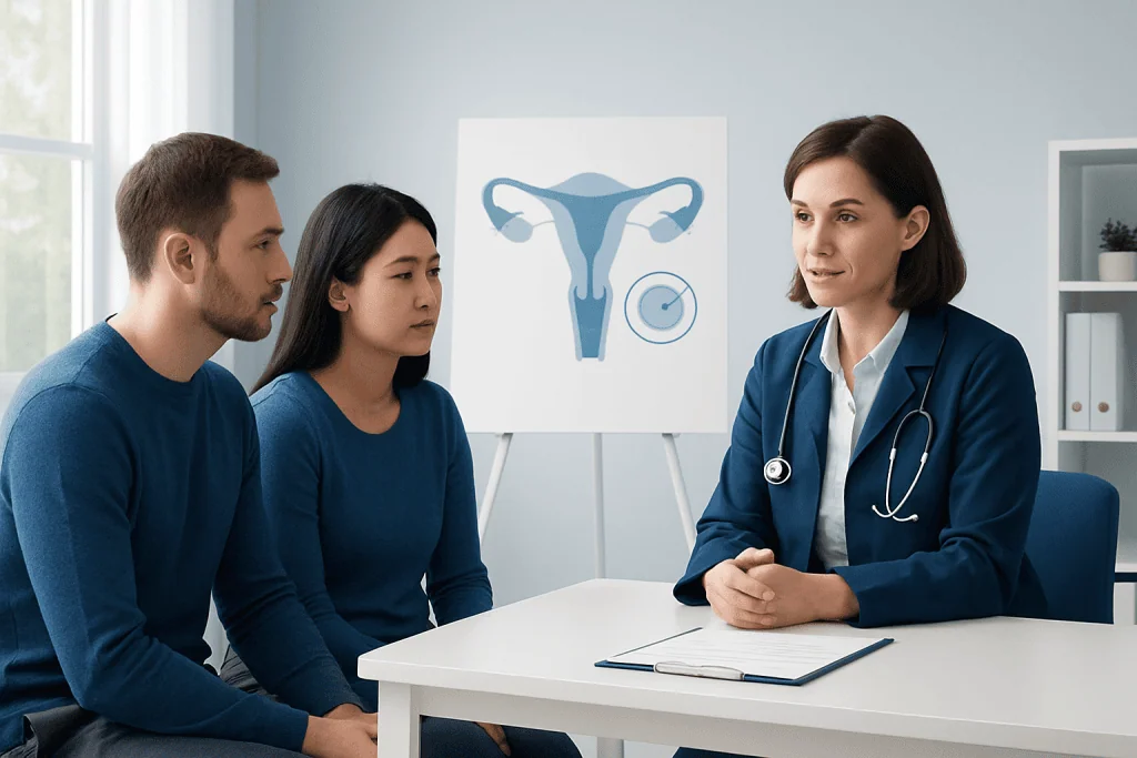 Fertility consultation with doctor and patients at a clinic.