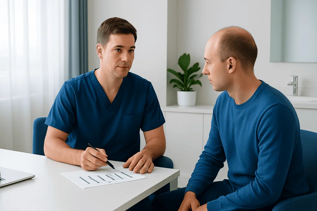 Doctor consulting patient about hair transplant options in a clinic setting.