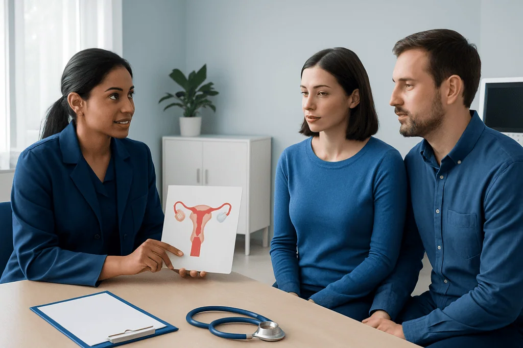 Fertility consultation with a doctor showing a uterus diagram to a couple.