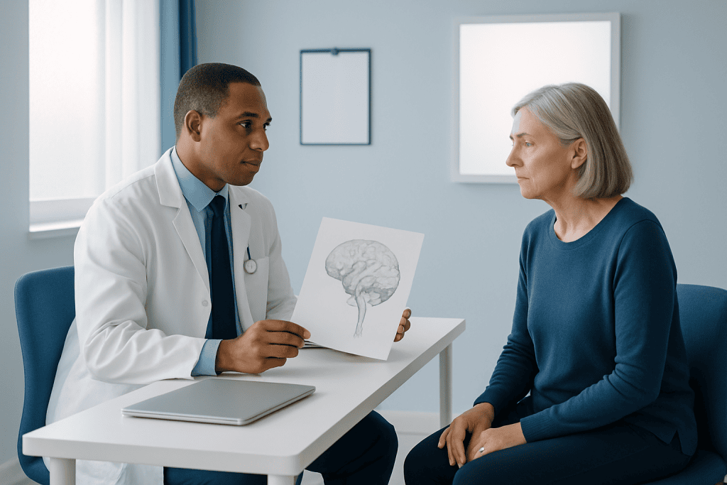 Doctor explaining brain scan to an elderly woman in a consultation room.