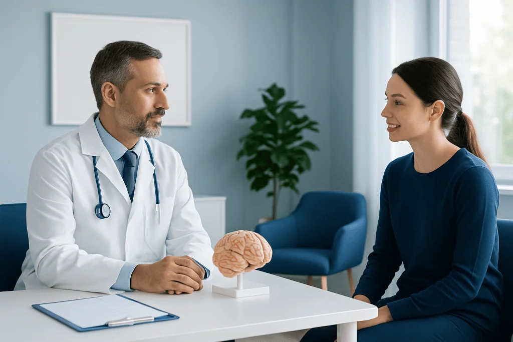 Doctor discussing brain health with a patient in a medical office.