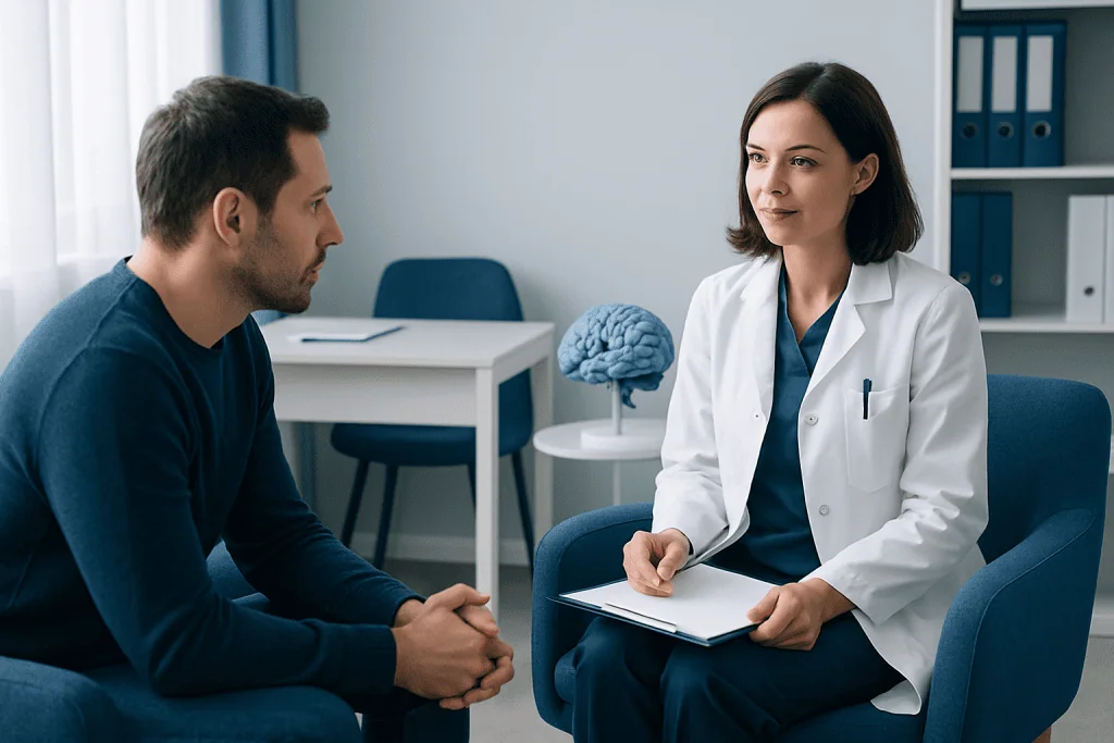 Doctor consulting with a patient in a medical office setting.