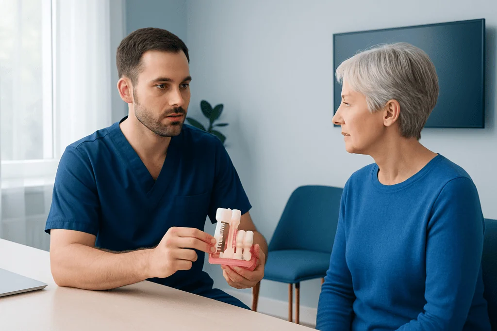 Dentist explaining dental implant procedure to an elderly woman in a clinic.