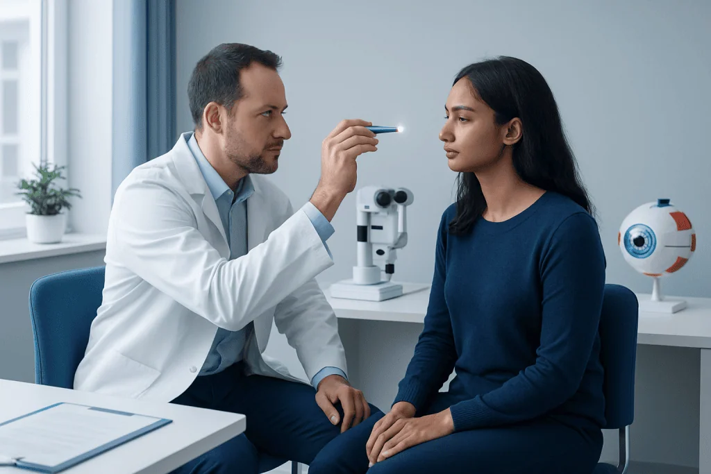 Ophthalmologist examining patient during neuro-ophthalmology consultation.