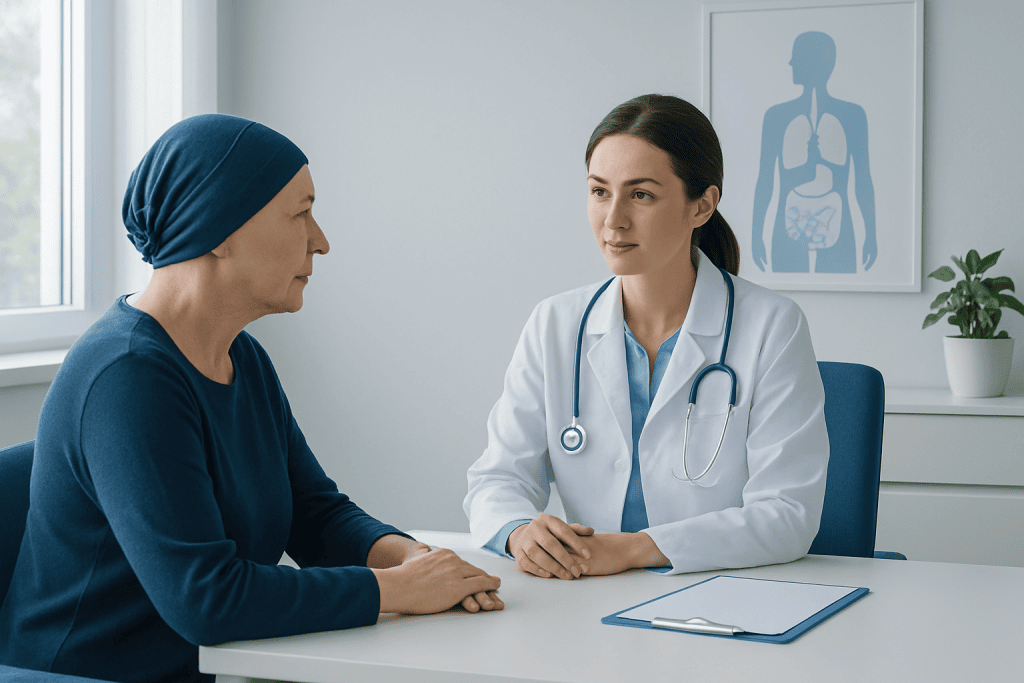 Doctor consulting with a female patient in a medical office setting.