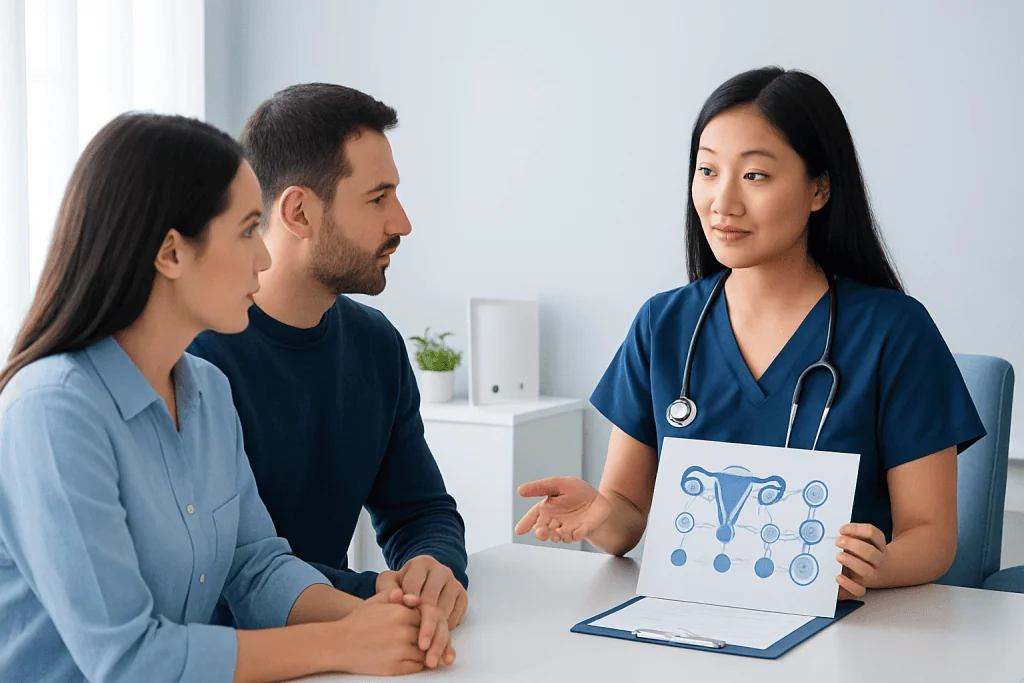 Fertility specialist explaining IVF process to a couple in a consultation.