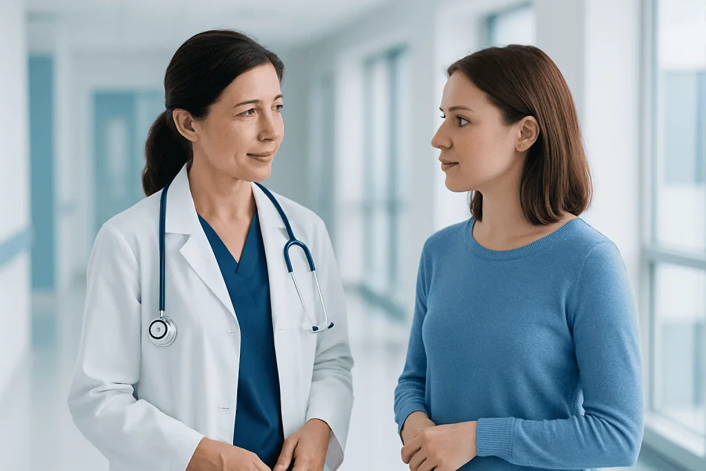 Stereotactic Body Radiation Therapy in Turkey: The SBRT Treatment Process 1 Doctor and patient having a consultation in a modern hospital corridor.