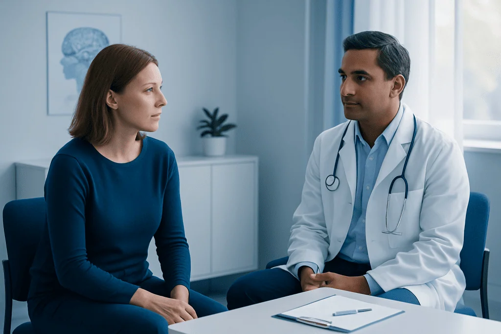 Doctor consulting with a female patient in a medical office.