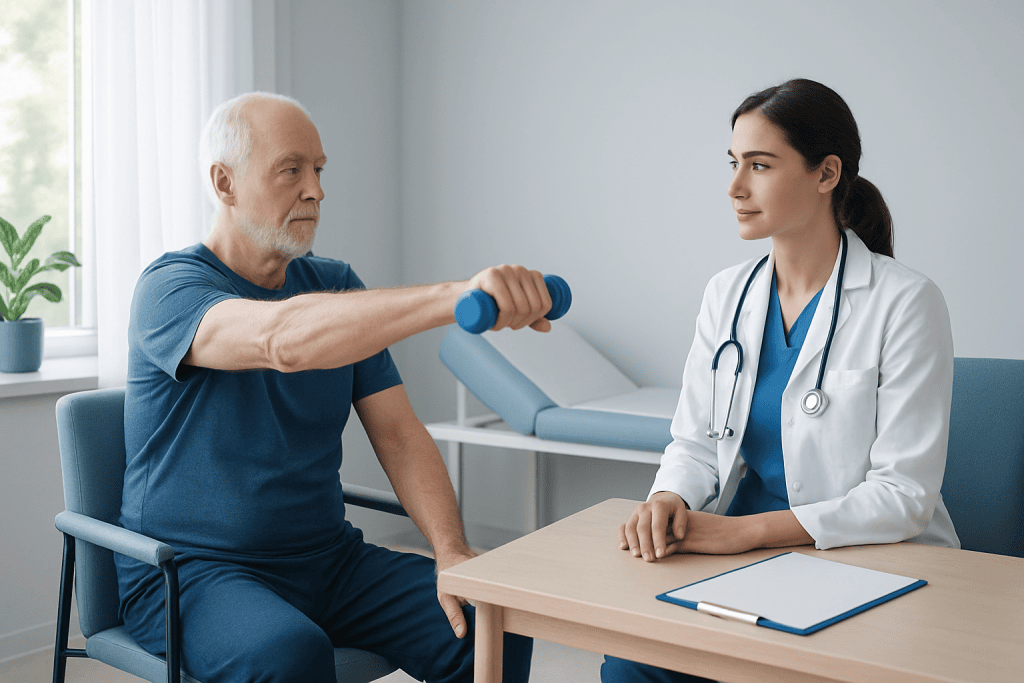 Elderly man doing physical therapy with a healthcare professional in a clinic.