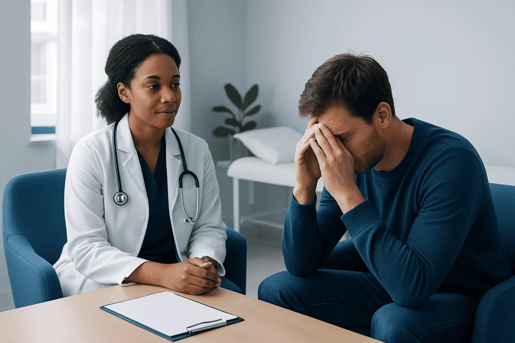 Doctor counseling a distressed patient in a medical office setting.