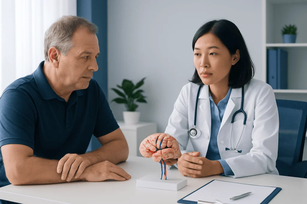 Doctor explaining brain health to a patient in a medical office.