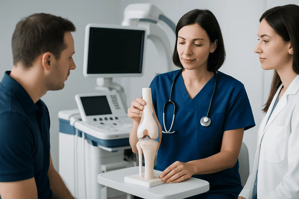 Medical professionals discussing knee joint model in clinic setting.