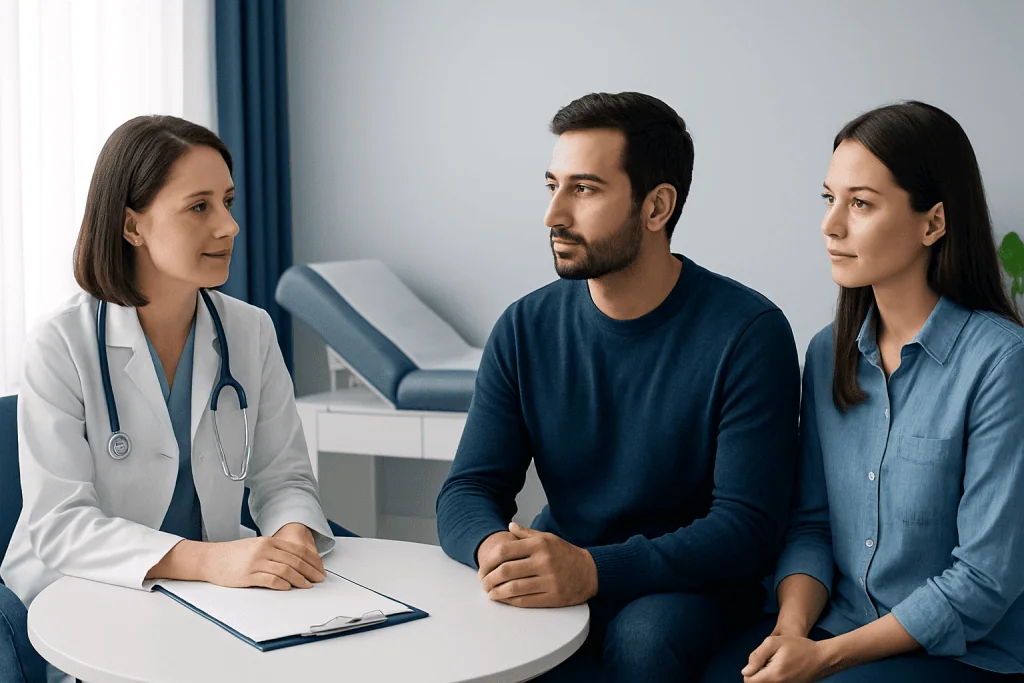 Doctor consulting with a patient and companion in a hospital room.