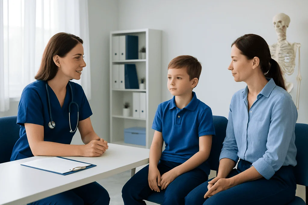 Doctor consulting with a young boy and his mother in a medical office.