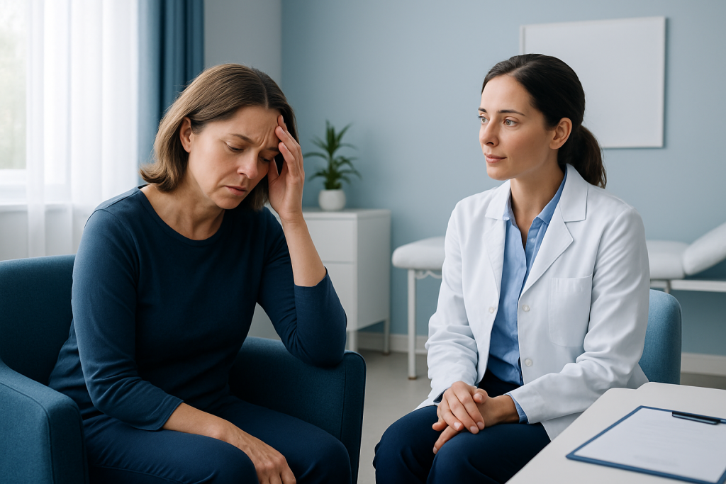 Woman with headache consulting a doctor in a medical office.