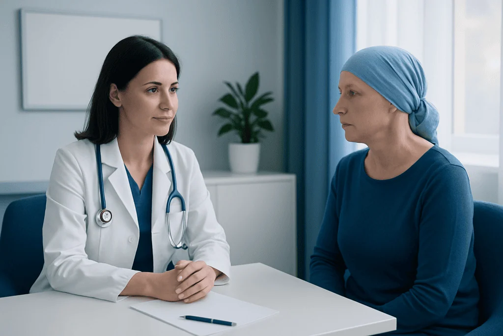 Doctor consulting a cancer patient in a hospital room.