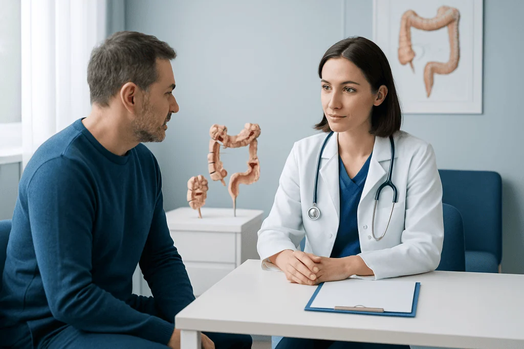 Doctor consulting with patient about colorectal health in clinic.