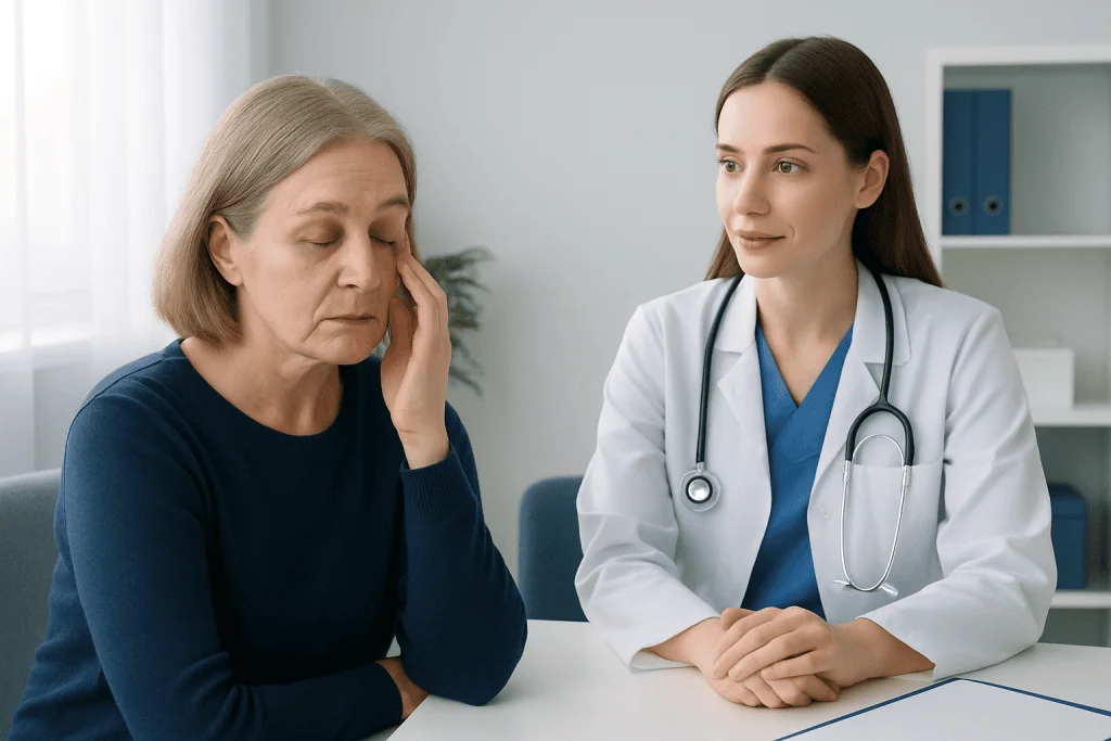 Doctor consulting with elderly woman about eye surgery recovery.