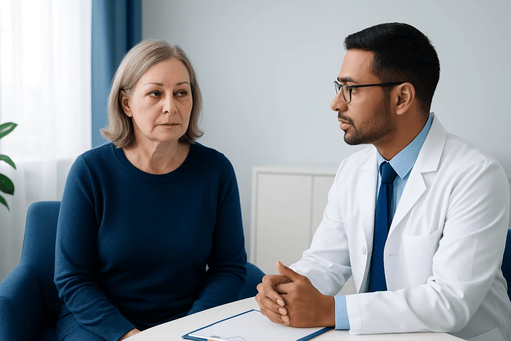 Doctor consulting with middle-aged woman in a medical office.