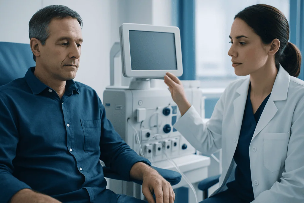 Medical consultation at Acibadem Hospitals Group with healthcare professional and patient.