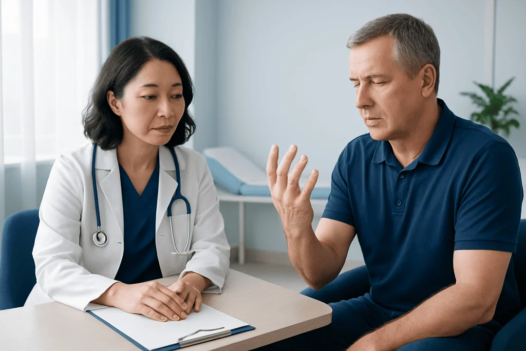Doctor consulting with patient about finger issues in a clinical setting.