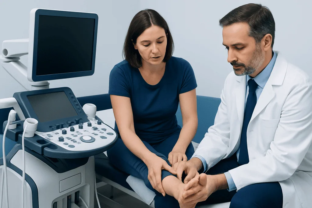Doctor examining patient's foot with ultrasound machine in clinic.