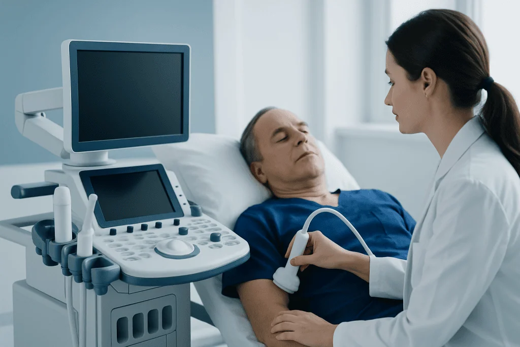 Doctor performing an ultrasound exam on a patient in hospital bed.