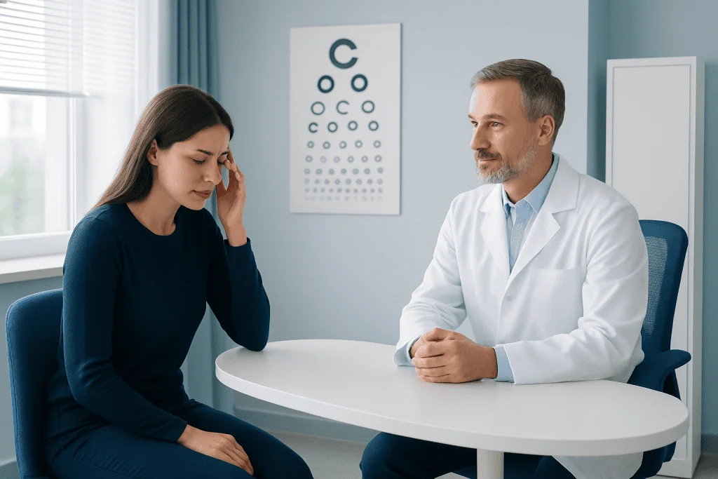 Patient consulting with an ophthalmologist in a modern eye care clinic.