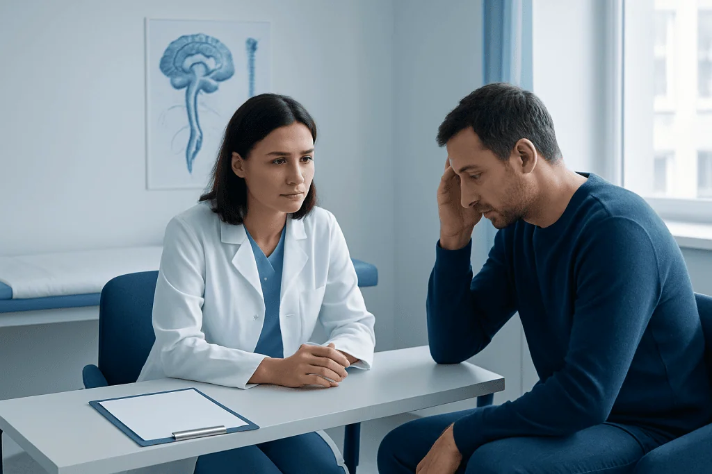 Doctor consulting with patient about neurological health and autoimmune disorders.