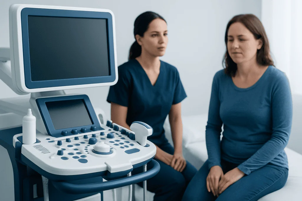 Medical consultation with ultrasound equipment at Acibadem Hospital.