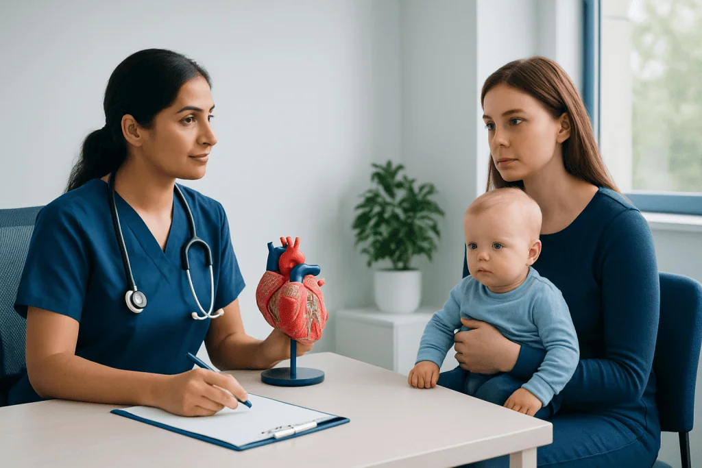 Pediatric cardiology consultation with a doctor and mother with child.