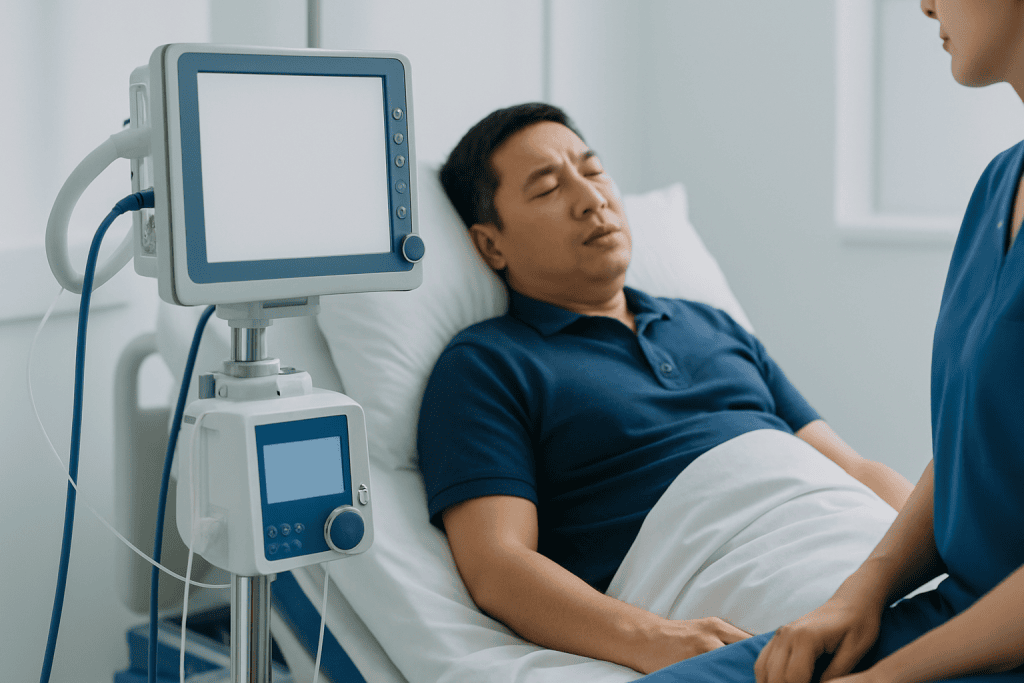 Patient in hospital bed with medical monitor for gastroparesis diagnosis.
