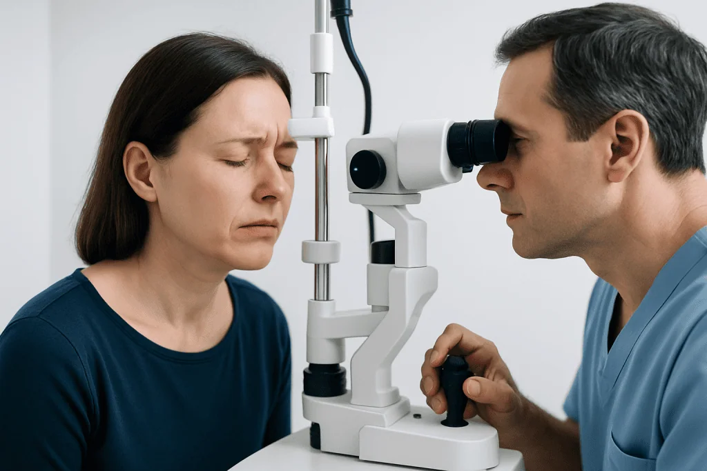 Ophthalmologist examines patient with slit lamp in clinic setting.