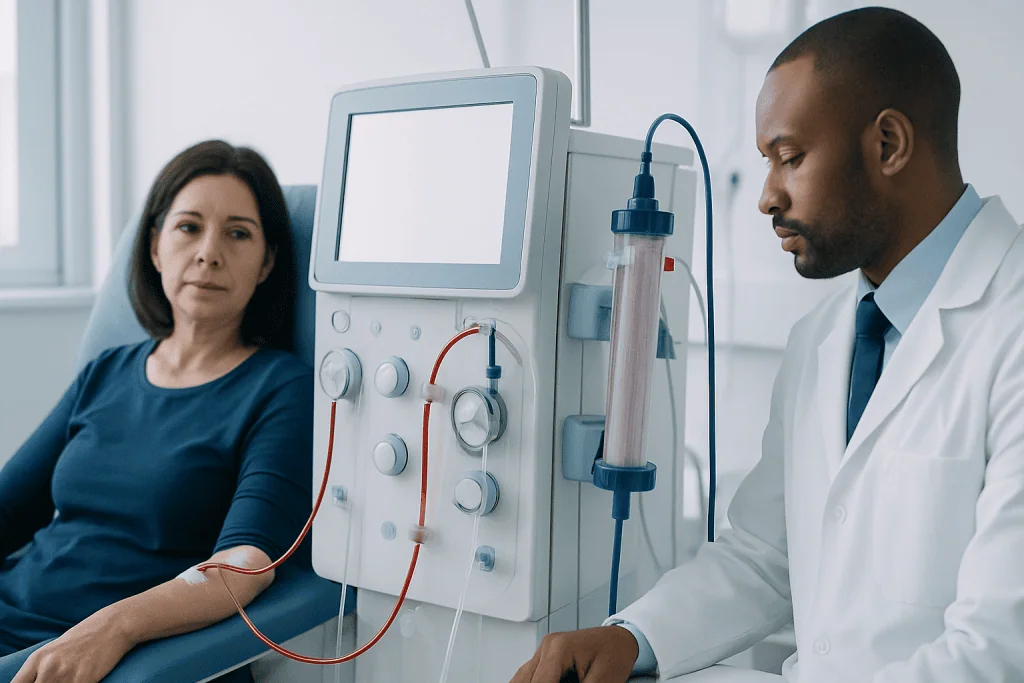 Patient undergoing dialysis treatment at a hospital.