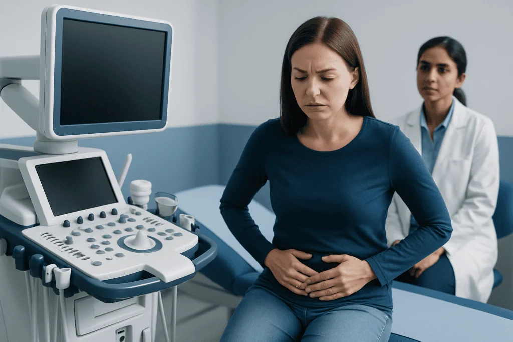 Woman experiencing pelvic pain during medical examination at hospital.