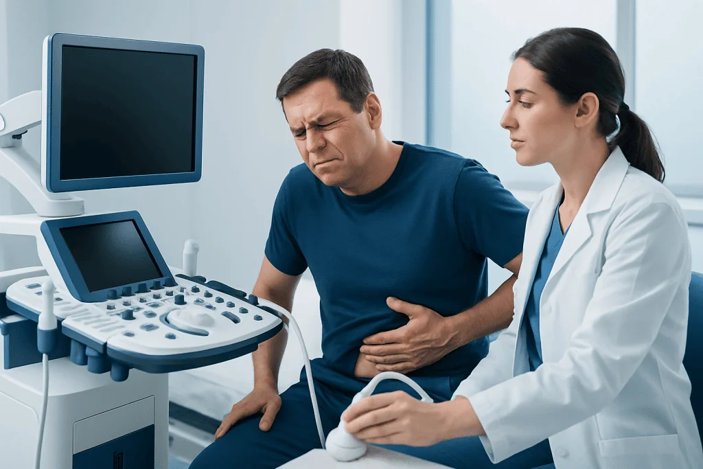 Doctor performing an ultrasound on a man with stomach pain.