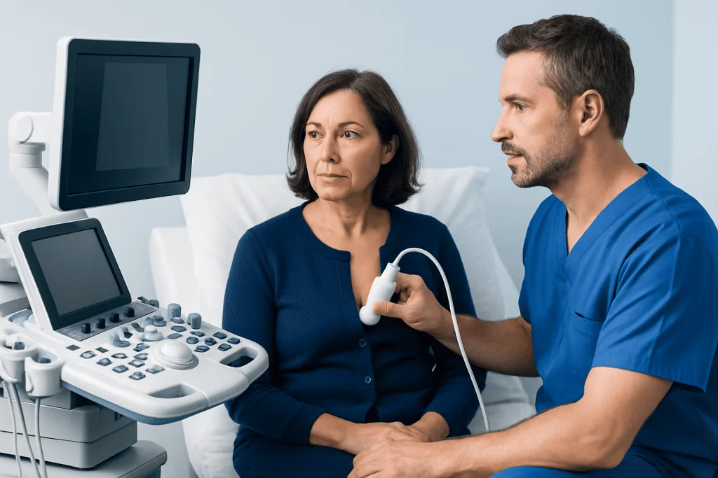Doctor performing an ultrasound on a female patient in a medical clinic.