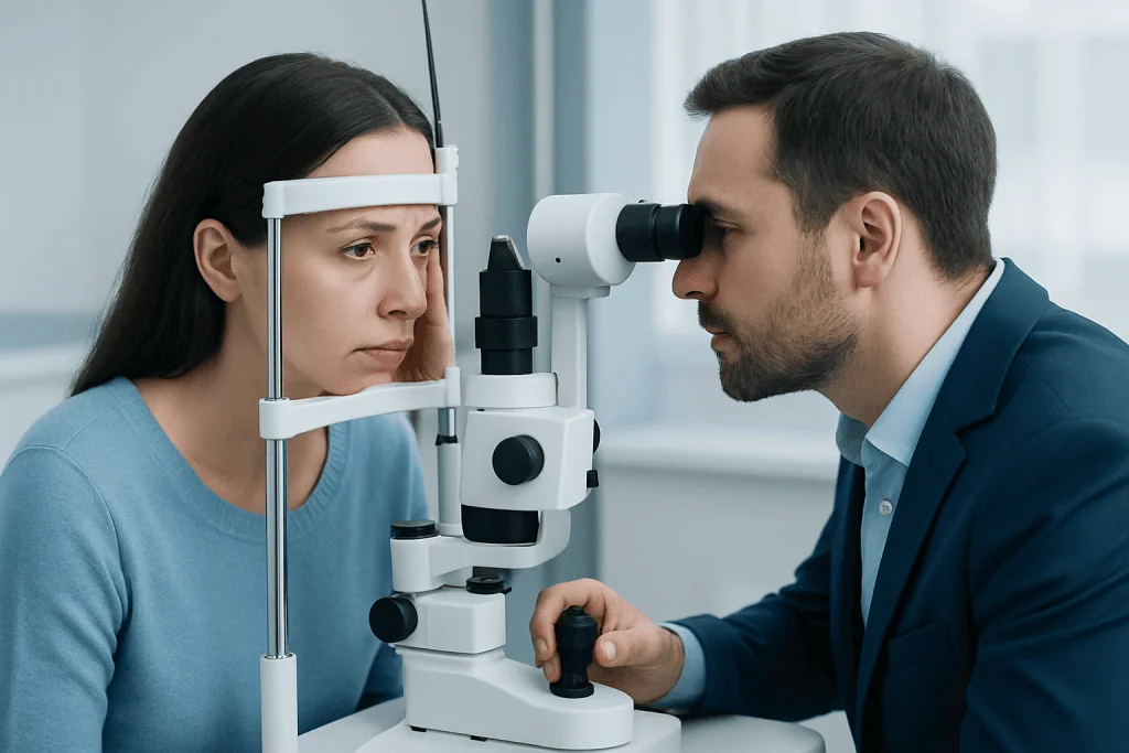 Ophthalmologist examining a patient's eye with a slit lamp in a clinical setting.