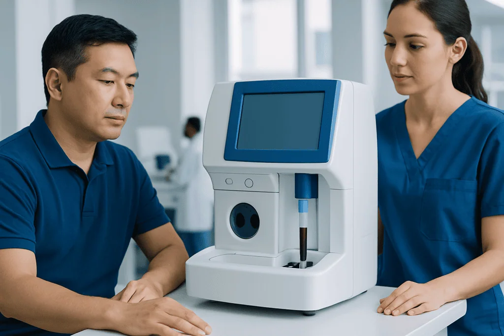 Medical professionals using a blood analysis machine in a clinical setting.