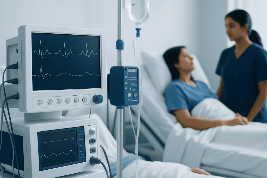 Hospital room with patient and nurse, ECG monitors in foreground.