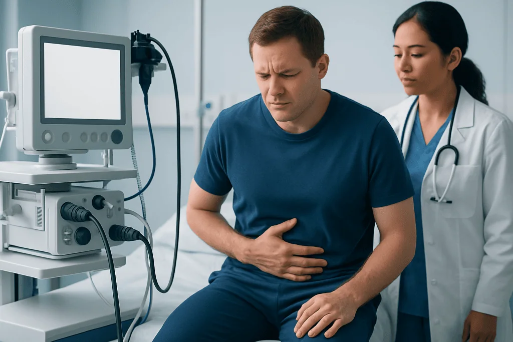 Patient experiencing abdominal pain in a hospital setting with medical staff nearby.