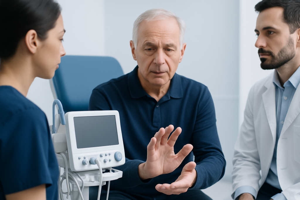 Doctor explaining symptoms to an elderly patient in a medical consultation.