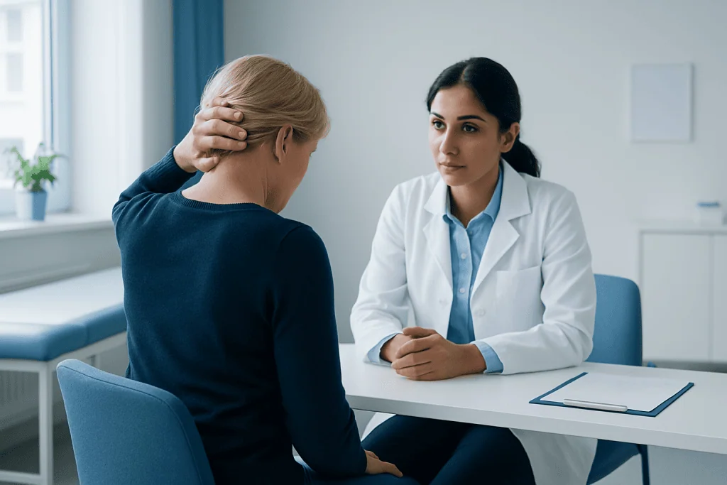 Doctor consulting a patient about headache symptoms in a clinical setting.