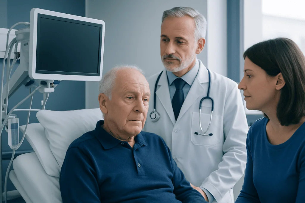Doctor consulting with elderly patient in hospital room at Acibadem Hospital.
